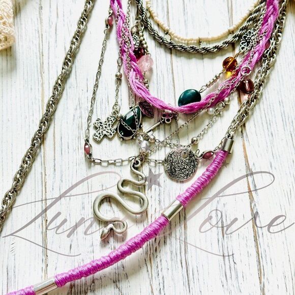 FREE PEOPLE Luca Silver Extreme Layered Necklace In Lilac NWT - Picture 5 of 7